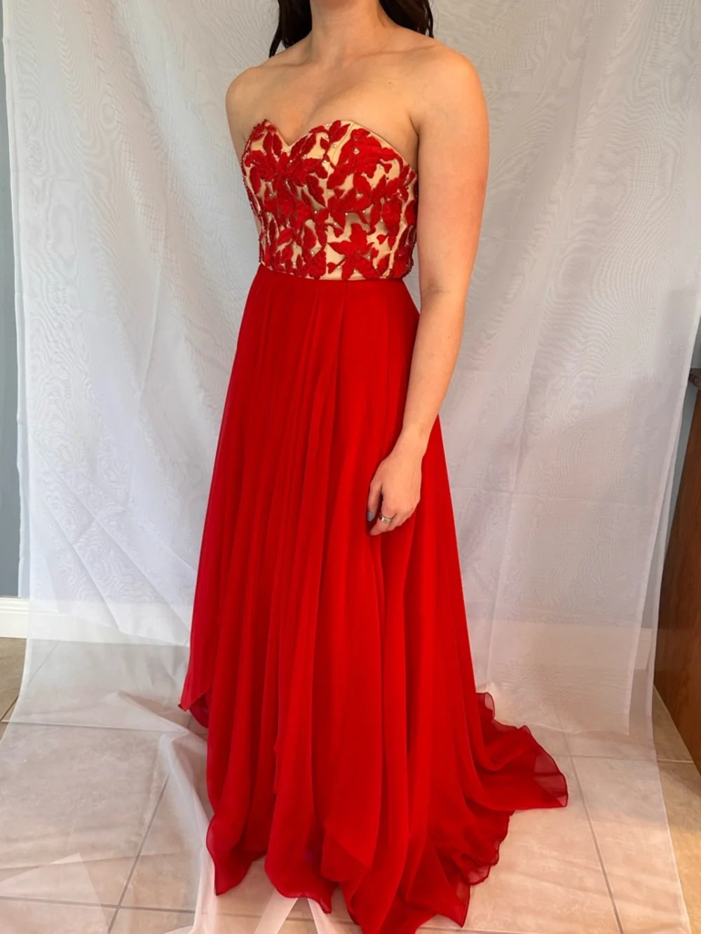 Sherri Hill Strapless Red Embroidered Gown - Picture 3 of 5